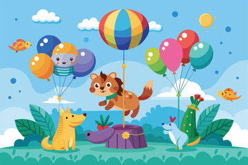 Several dogs are floating in the sky along with colorful balloons, Animals floating with balloons Customizable Semi Flat Illustration