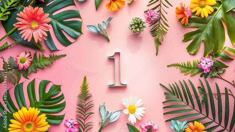Poster Layout with colorful flowers leaves and number one Flat lay Top view : Generative AI