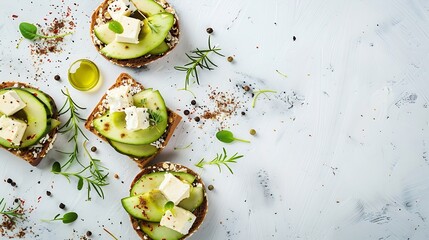 Vegetarian open sandwiches with fresh vegetable avocado and tofu cheese on round crispy whole grain bread decorated with olive oil pepper and green thyme Top view food flat layout copy : Generative AI