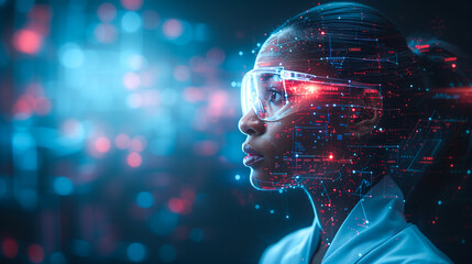 Fototapeta premium a female healthcare professional interacting with a holographic virtual screen