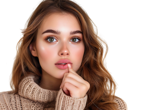 Portrait of nervous minded pretty lady biting finger nail look interested on transparent background