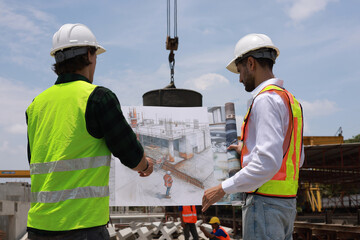 Civil and construction engineers are working on a blueprint drawing with precision to guarantee a...