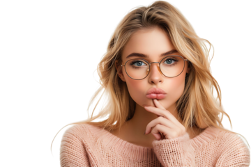 Portrait of nervous minded pretty lady biting finger nail look interested on transparent background