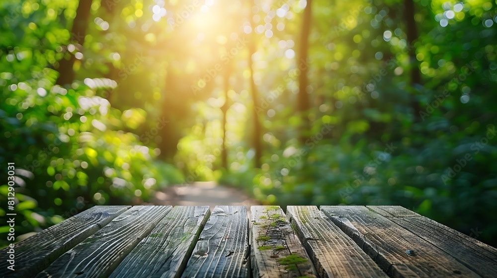 Poster wooden table top on blur green forestfresh and relax or health care conceptperspective viewfor monta