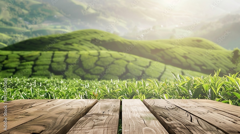 Poster wooden table top on blur green tea mountain and grass fieldfresh and relax conceptfor montage produc
