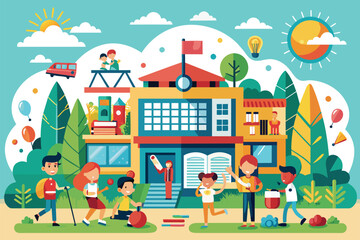 Diverse group of individuals gathered in front of a modern building, with varied expressions and attire, Back to school Customizable Flat Illustration