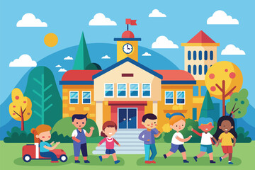Obraz premium Group of children engaged in active play in schoolyard, Back to school Customizable Flat Illustration