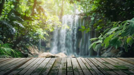 Wood table top podium floor in outdoor waterfall green tropical forest nature backgroundNatural water product present placement pedestal counter display spring summer jungle paradise c : Generative AI