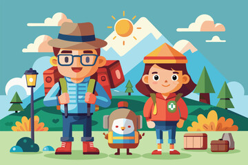 Naklejka premium A man and a woman standing side by side in this customizable cartoon illustration, Backpackers Customizable Cartoon Illustration