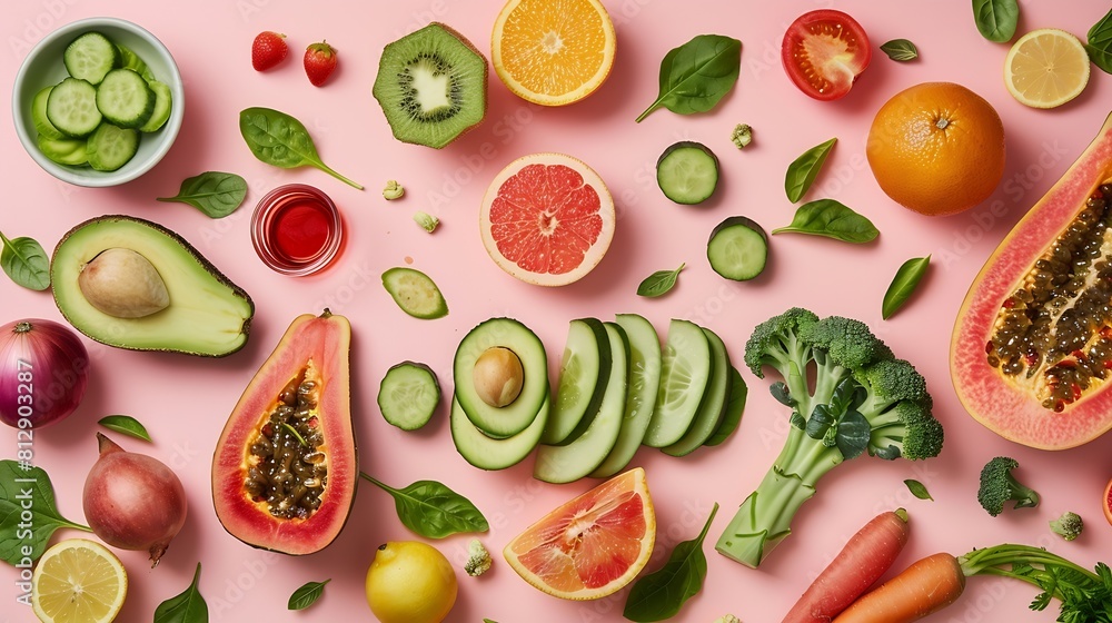 Poster creative neatly arranged food layout with fruits vegetables and leaves on bright background minimal 