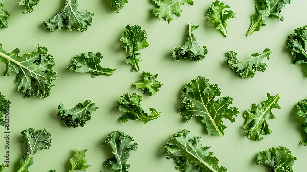 Poster creative layout made of kale salad leaves spinach ruccola on green background flat lay food concept 
