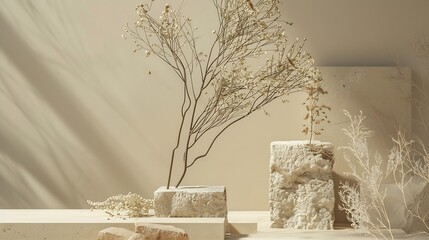 Composition empty podium material tree stone dry flowers Product presentation Background beige green Beautiful background from natural materials : Generative AI
