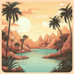 Mystery landscape of a hidden oasis in a desert, featuring palm trees and a shimmering pond, depicted in classic styles color for a kawaii template with copy space