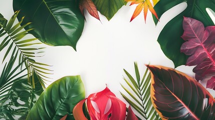 Creative layout made of colorful tropical leaves on white background Minimal summer exotic concept...