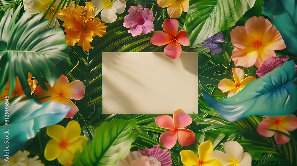 Poster creative layout made of flowers and leaves with paper card note flat lay nature concept : generative