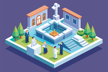 A group of people gathered outside a building, possibly engaging in conversation or waiting to enter, Baptism Customizable Isometric Illustration