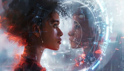 A woman's reflection is shown in a circle with a lot of numbers and symbols