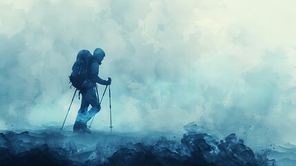 Fototapeta premium The image shows a man hiking in the mountains. He is wearing a backpack and using trekking poles. The weather is foggy and the path is not clear.