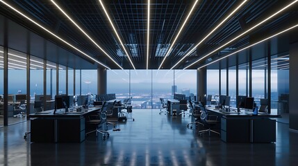 Contemporary office setting with a spacious layout featuring darkhued desks ergonomic chairs a ceiling with striking linear lighting patterns and a serene view through a large window : Generative AI