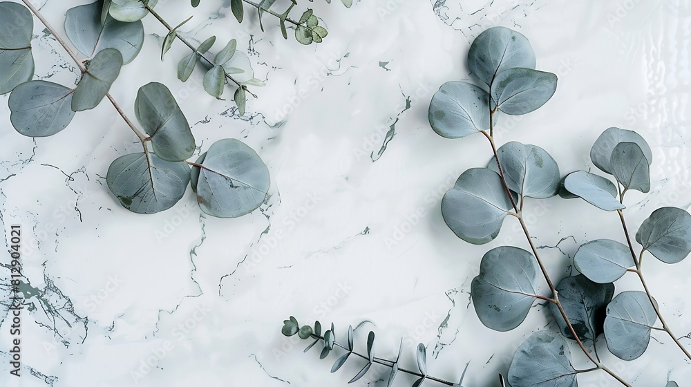 Poster watercolor eucalyptus branches on marble stone table top view floral composition flat lay top view c
