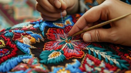 The image shows a person embroidering a traditional Uzbek skullcap. The cap is made of silk and cotton, and the embroidery is done with gold and silver thread.
