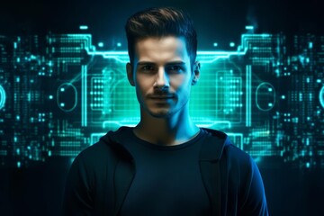 Portrait of a software engineer with Glow HUD big icon of code brackets, debugging a program on a futuristic interface, on bright solid background, in cyber color