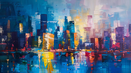 A colorful cityscape with a lot of buildings and a lot of oil paint splatters