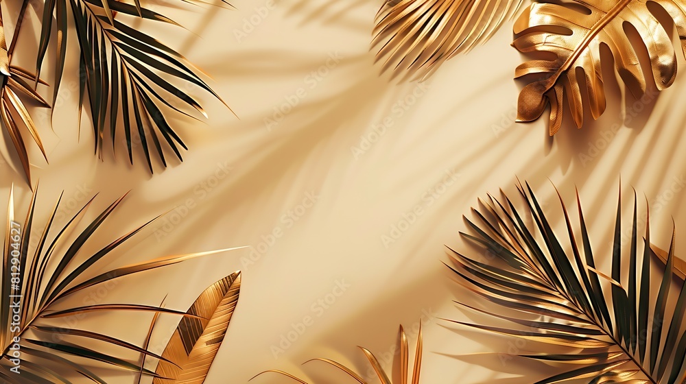 Poster creative layout made of colorful and golden tropical leaves and palms on beige background minimal su