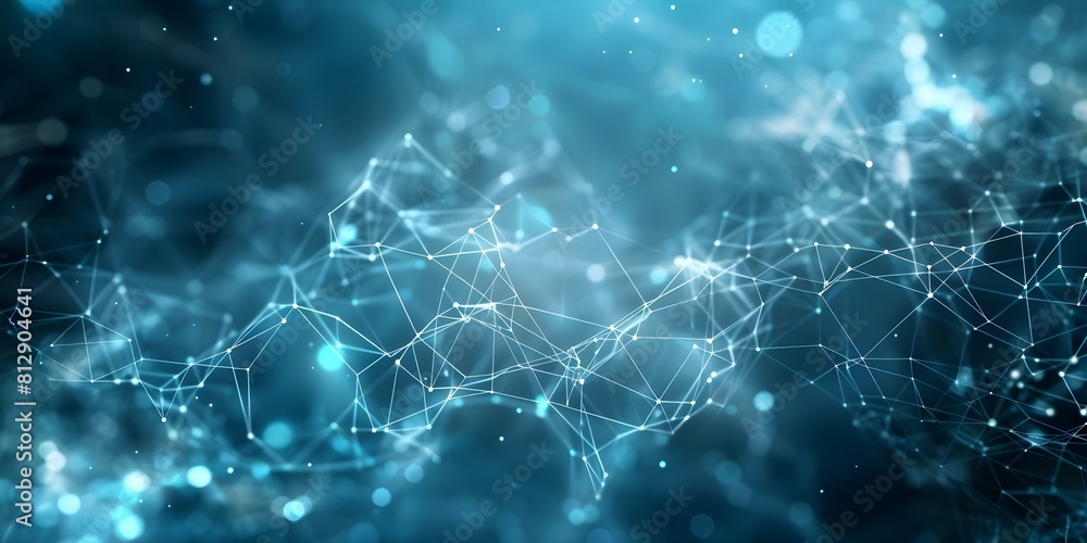 Poster blue abstract tech grid with connected particles artificial neurons and global data. concept tech gr