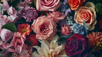 Creative layout made of various flowers Flat lay bouquet Love concept : Generative AI