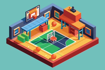 A customizable isometric illustration of a basketball court layout placed in the center of a room, Basketball court Customizable Isometric Illustration