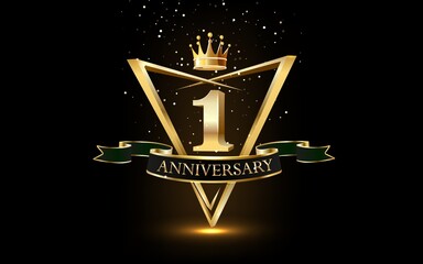 1 year anniversary celebration. Anniversary logo with ring and elegance golden color isolated on black background.