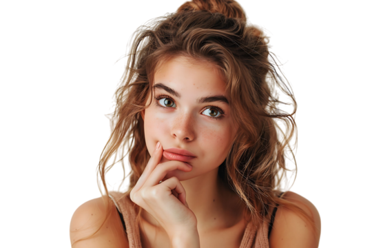 Portrait of nervous minded pretty lady biting finger nail look interested on transparent background
