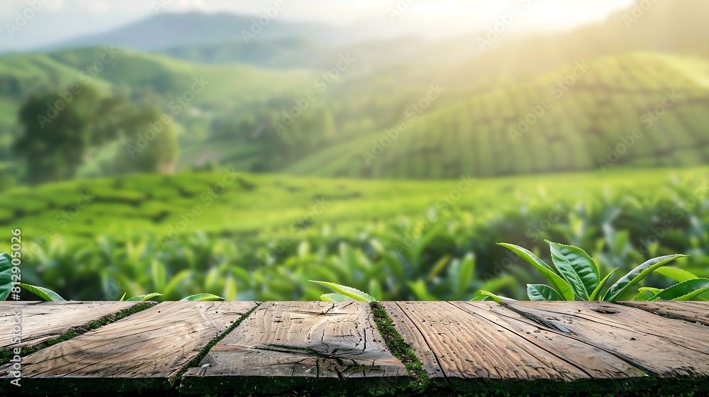 Poster wooden table top on blur green tea mountain and grass fieldfresh and relax conceptfor montage produc