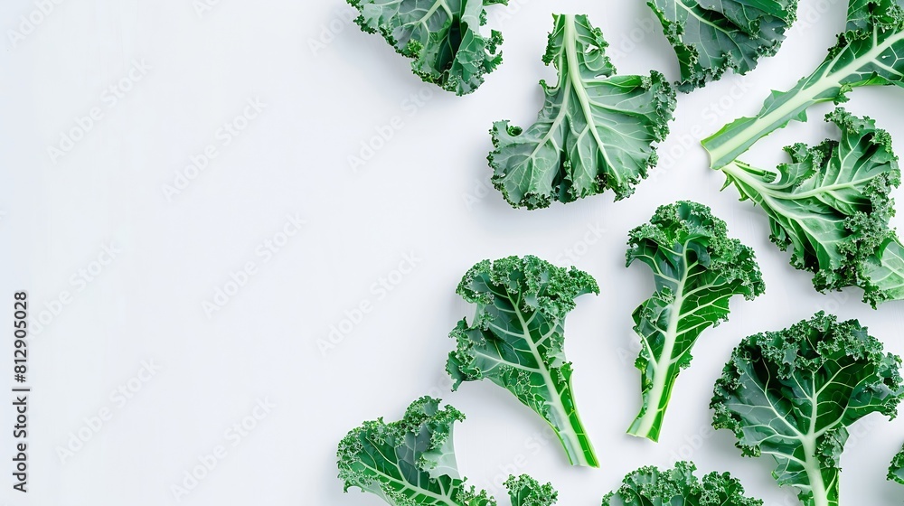 Poster creative layout made of kale on white background flat lay food concept macro concept : generative ai