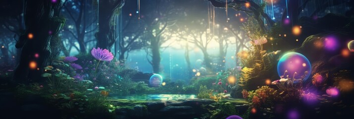 Show Colorful Glow HUD icon of a lush garden, depicting the beauty of nature, with very blurry backdrop of a peaceful forest