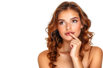 Portrait of nervous minded pretty lady biting finger nail look interested on transparent background