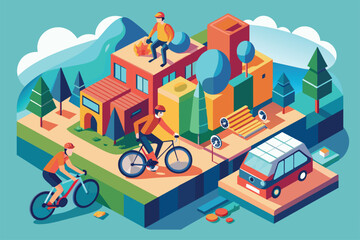 Fototapeta premium A man is cycling on top of a high building, Bike travellers Customizable Isometric Illustration