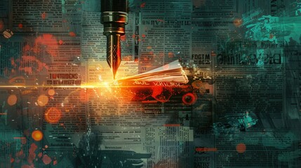 Symbolic Scene of "Pen Mightier Than Sword" with Pen Breaking Chains Around Newspapers Against Historic and Contemporary Press Moments Backdrop