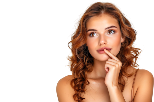 Portrait of nervous minded pretty lady biting finger nail look interested on transparent background - Powered by Adobe