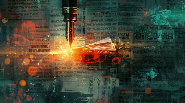 Symbolic Scene of "Pen Mightier Than Sword" with Pen Breaking Chains Around Newspapers Against Historic and Contemporary Press Moments Backdrop