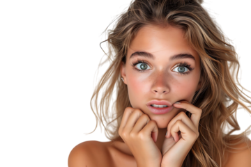 Portrait of nervous minded pretty lady biting finger nail look interested on transparent background