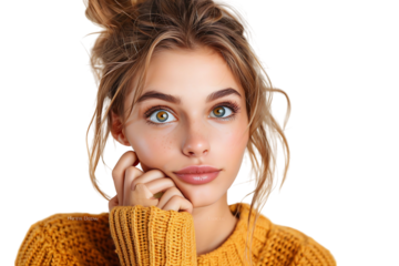 Portrait of nervous minded pretty lady biting finger nail look interested on transparent background