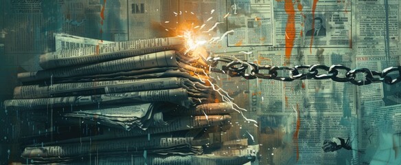 Symbolic Scene of "Pen Mightier Than Sword" with Pen Breaking Chains Around Newspapers Against Historic and Contemporary Press Moments Backdrop