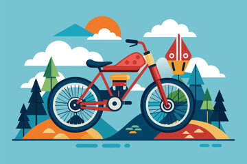 Fototapeta premium A red bike is parked on a hill in a scenic outdoor setting, Bike trial Customizable Flat Illustration