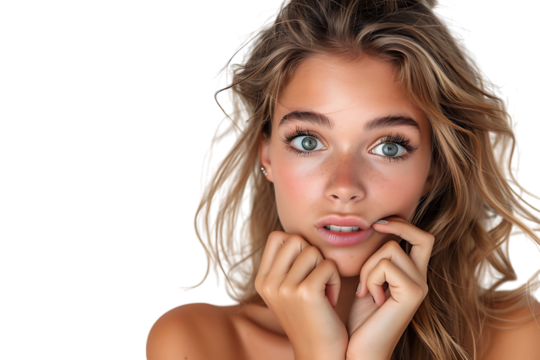 Portrait of nervous minded pretty lady biting finger nail look interested on transparent background