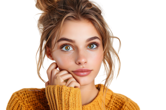 Portrait of nervous minded pretty lady biting finger nail look interested on transparent background