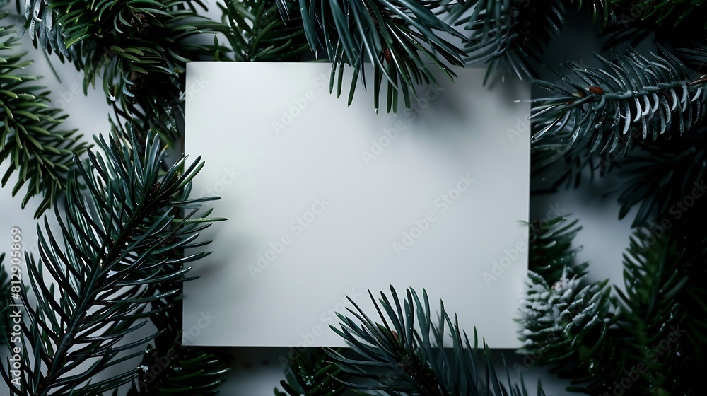 Poster Creative layout made of Christmas tree branches with paper card note Flat lay Nature New Year concept : Generative AI