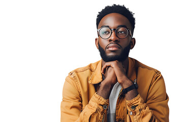 Portrait of man wear stylish shirt eyewear thoughtfully hold laptop on transparent background