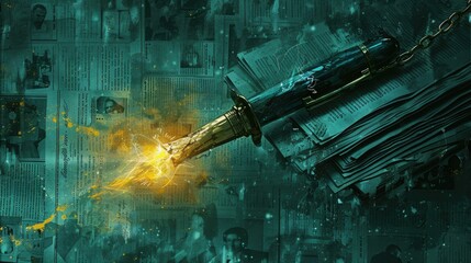 Symbolic Scene of "Pen Mightier Than Sword" with Pen Breaking Chains Around Newspapers Against Historic and Contemporary Press Moments Backdrop